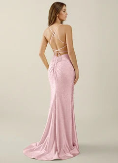 Blush Pink Beaded Lace Up Back High Slit Maxi Evening Dresses