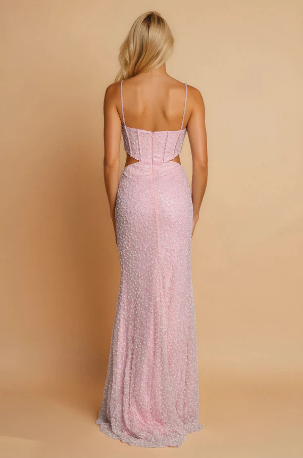 Blush Pink Beaded Spaghetti Strap Cutout Bow Mermaid Train Maxi Evening Dresses