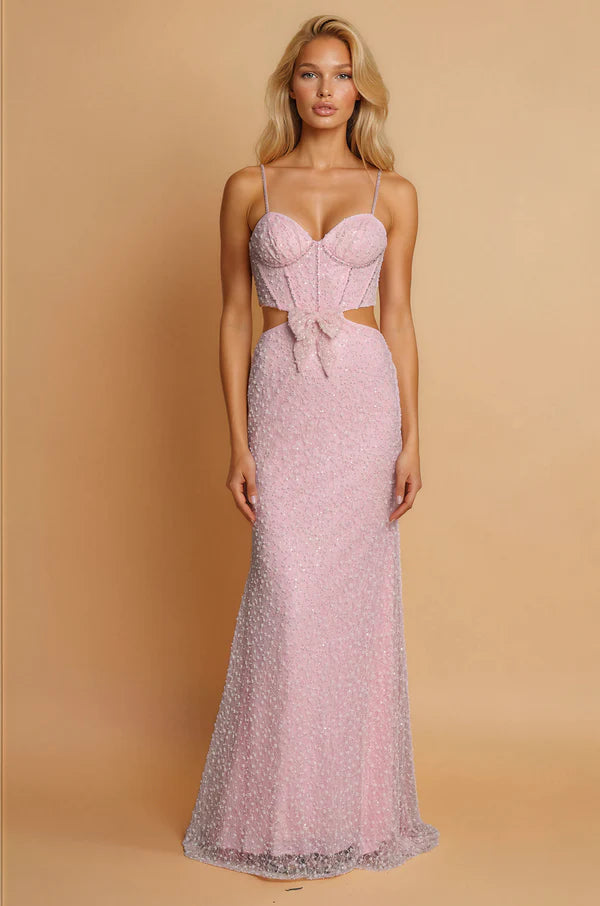 Blush Pink Beaded Spaghetti Strap Cutout Bow Mermaid Train Maxi Evening Dresses