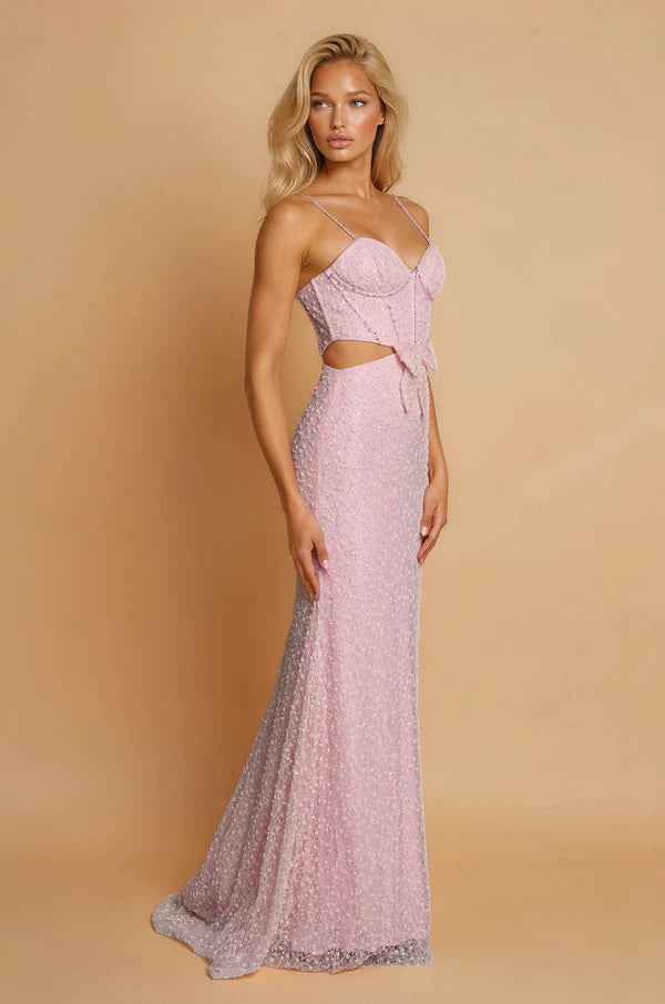Blush Pink Beaded Spaghetti Strap Cutout Bow Mermaid Train Maxi Evening Dresses