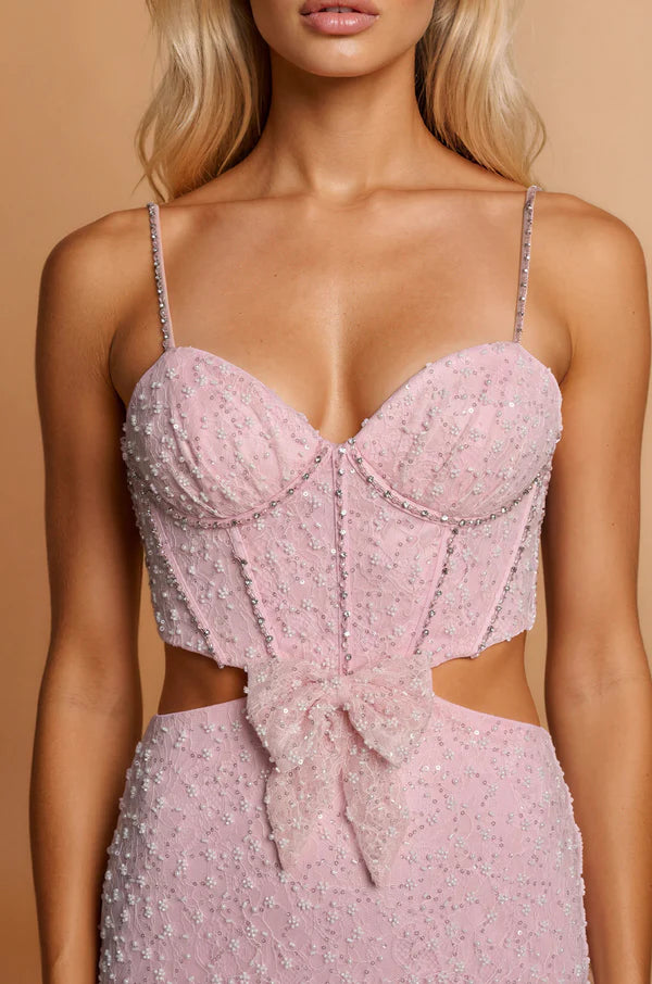 Blush Pink Beaded Spaghetti Strap Cutout Bow Mermaid Train Maxi Evening Dresses