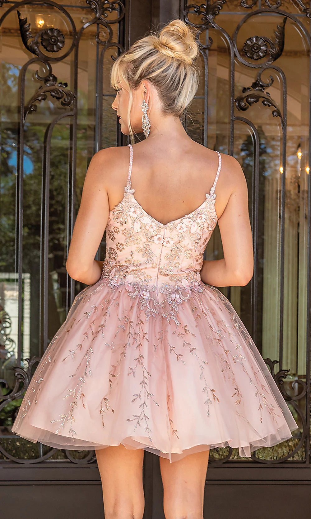 Blush Pink Floral Appliqué Glitter Tulle A-Line Homecoming Dress