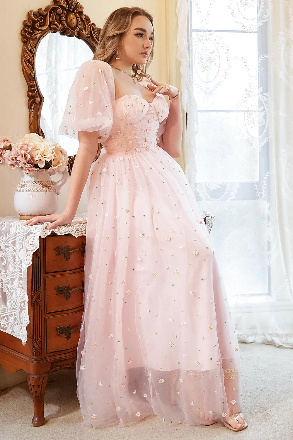 Blush Pink Floral Embroidered Puff Sleeve Tulle Evening Dresses