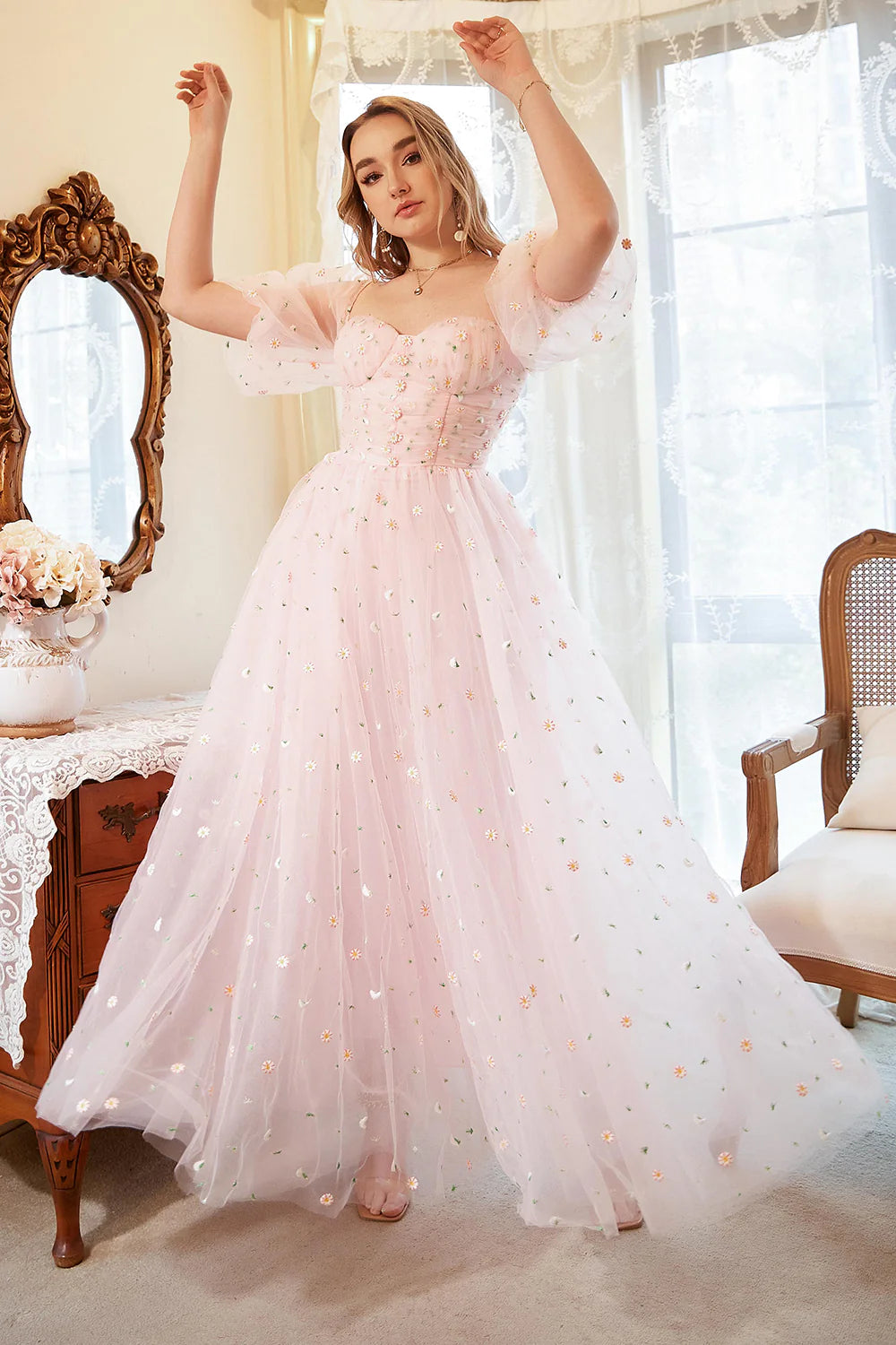 Blush Pink Floral Embroidered Puff Sleeve Tulle Evening Dresses