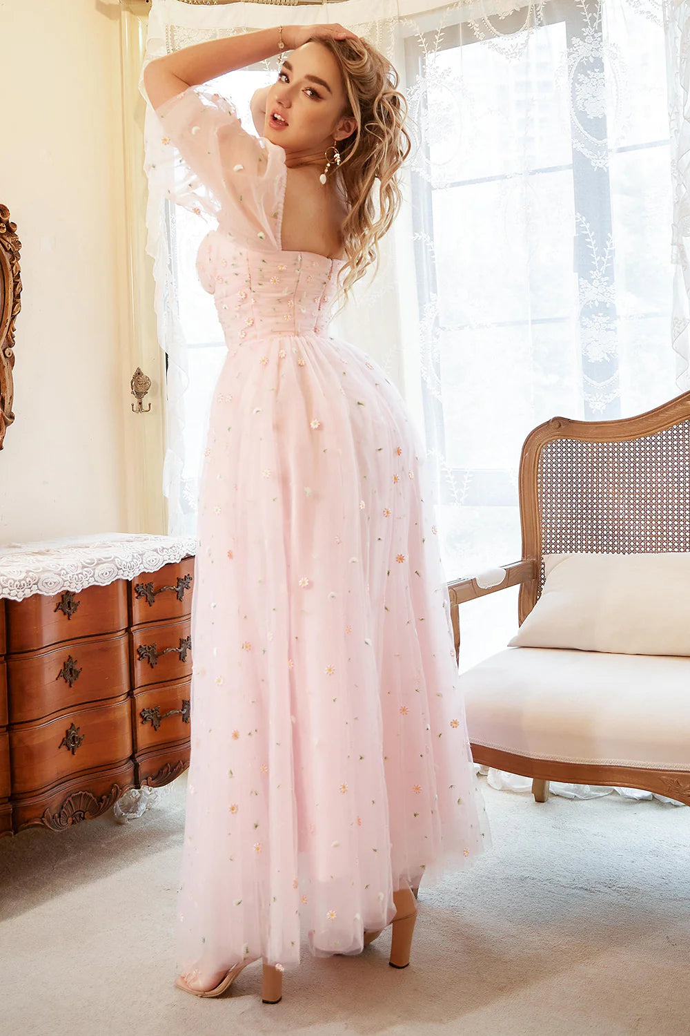 Blush Pink Floral Embroidered Puff Sleeve Tulle Evening Dresses