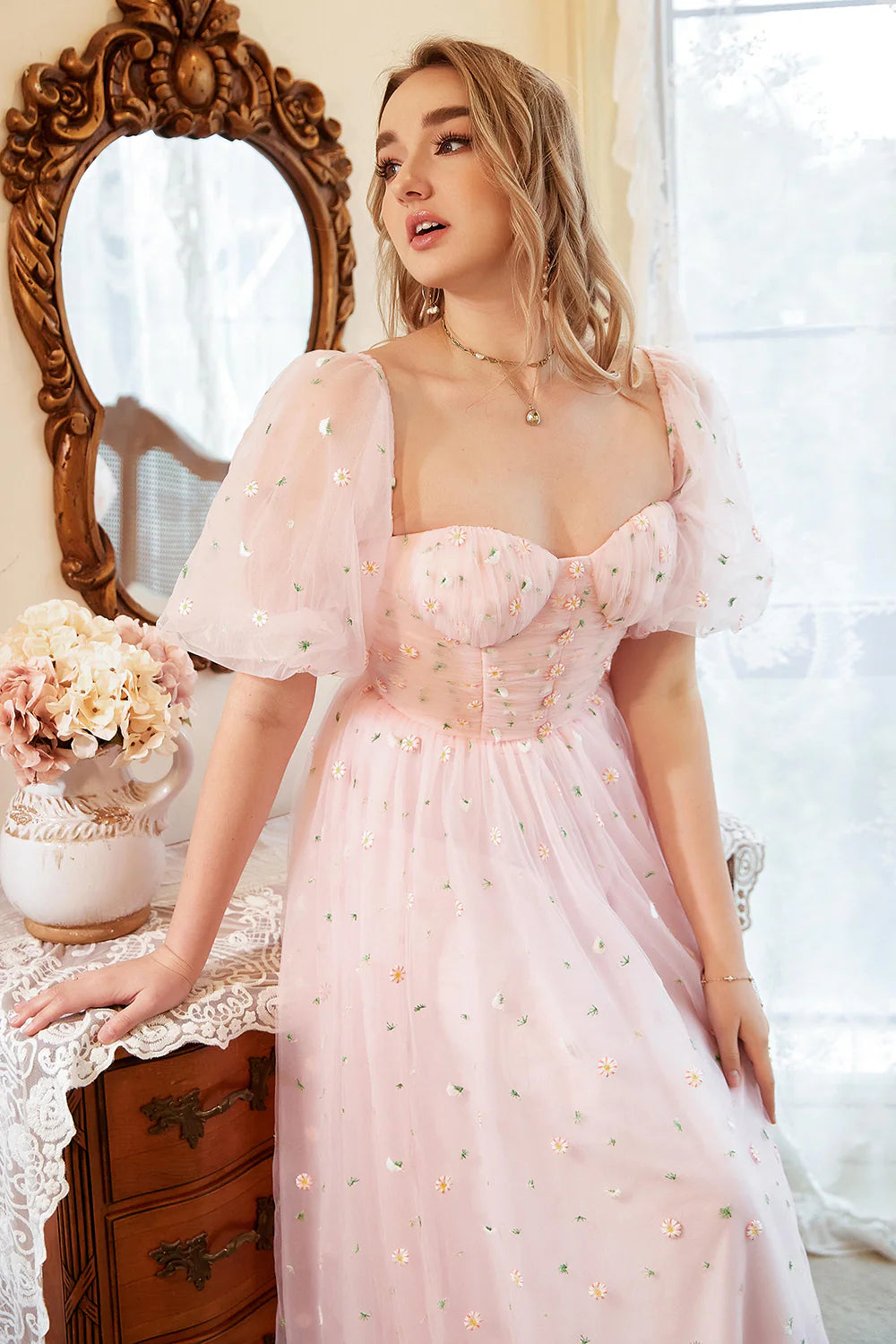 Blush Pink Floral Embroidered Puff Sleeve Tulle Evening Dresses