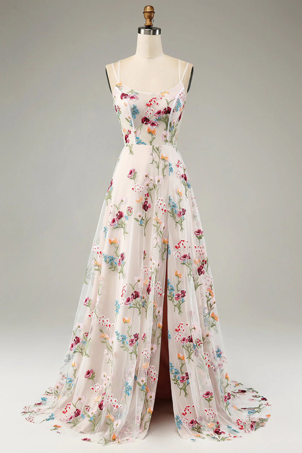 Blush Pink Floral Embroidered Spaghetti Strap Lace-Up Evening Dresses