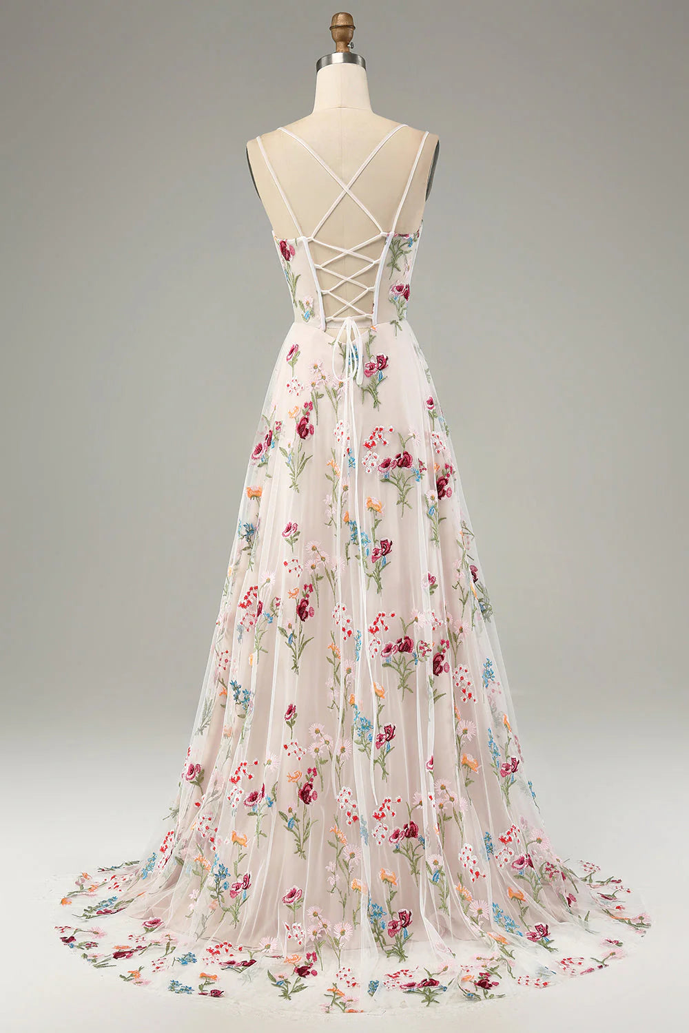 Blush Pink Floral Embroidered Spaghetti Strap Lace-Up Evening Dresses