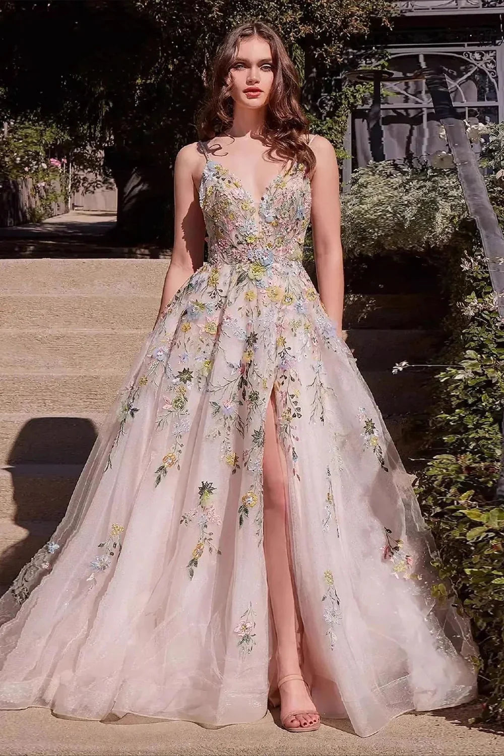 Blush Pink Floral Embroidered Tulle Evening Dress Spaghetti Strap with Front Slit and Floor-Length Skirt