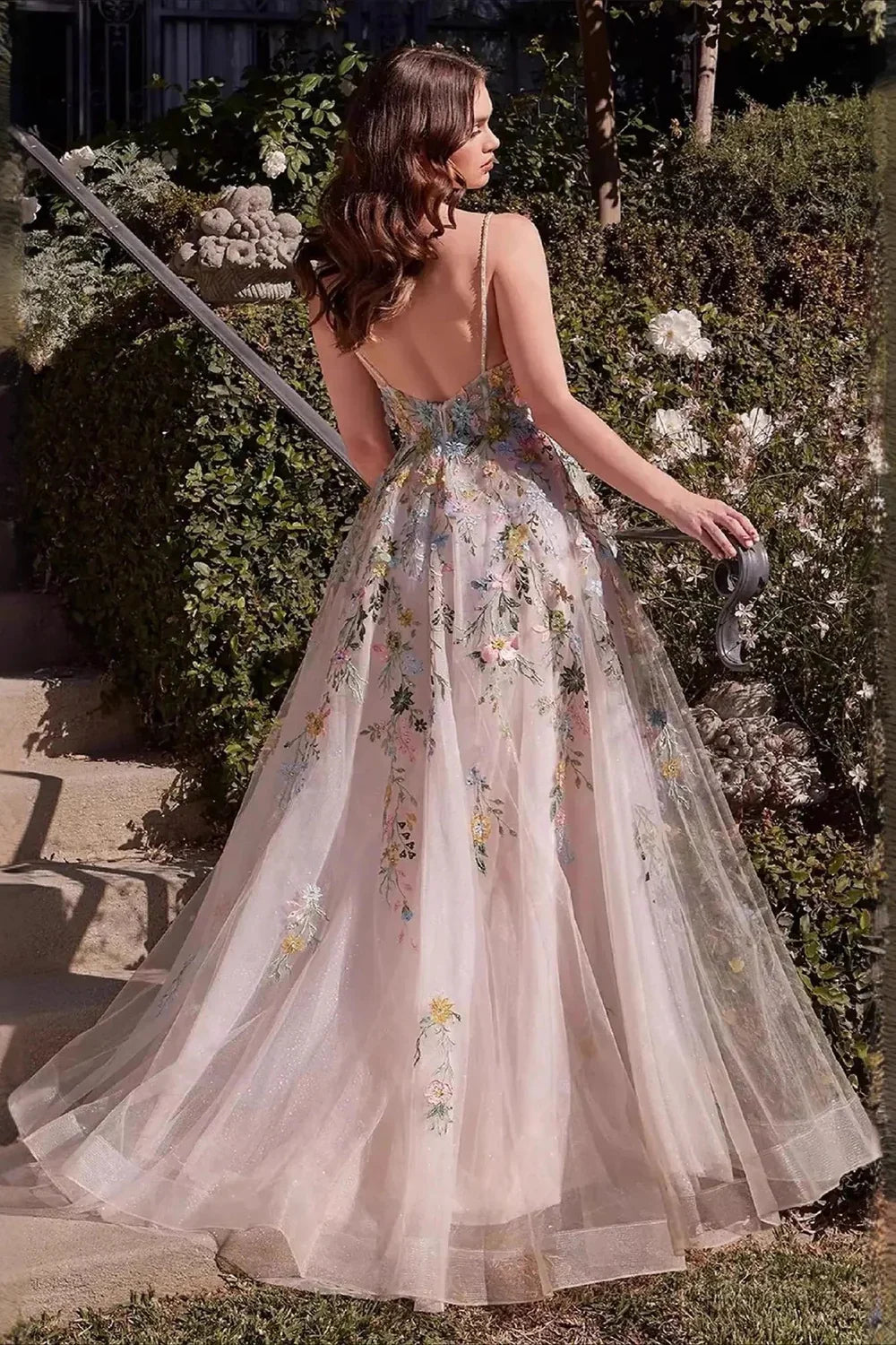 Blush Pink Floral Embroidered Tulle Evening Dress Spaghetti Strap with Front Slit and Floor-Length Skirt
