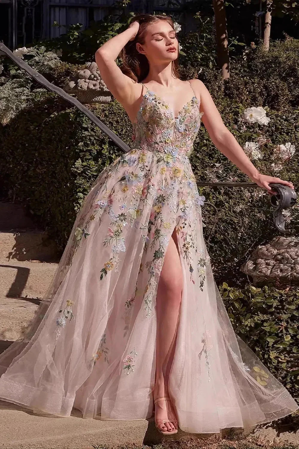 Blush Pink Floral Embroidered Tulle Evening Dress Spaghetti Strap with Front Slit and Floor-Length Skirt