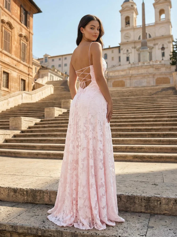 Blush Pink Floral Jacquard Lace-Up Back Maxi Dresses