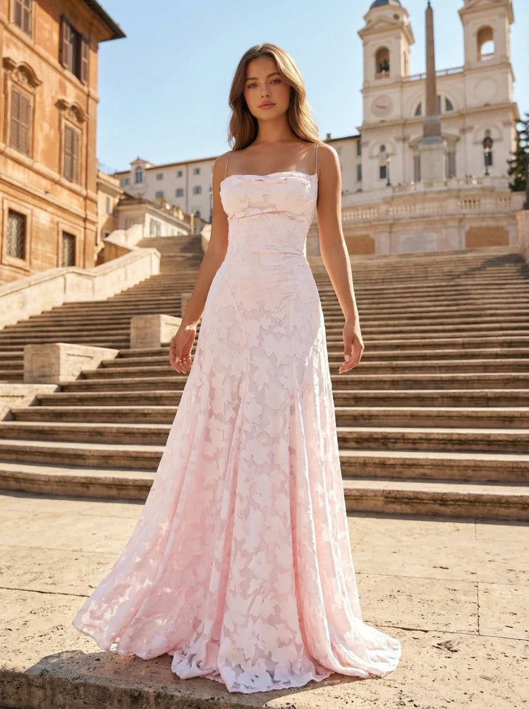 Blush Pink Floral Jacquard Lace-Up Back Maxi Dresses