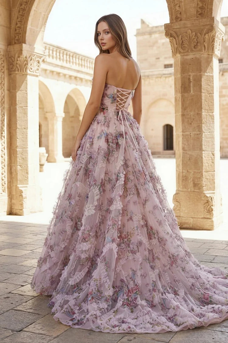 Blush Pink Floral Ruffle Strapless Evening Dresses