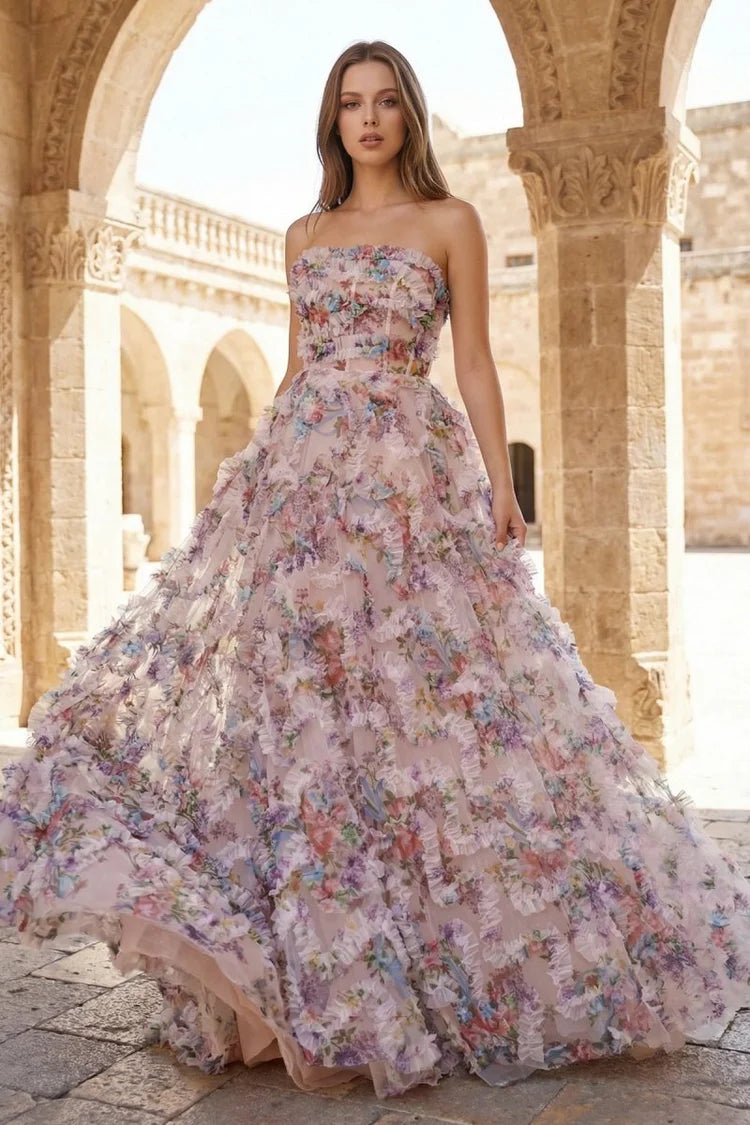Blush Pink Floral Ruffle Strapless Evening Dresses