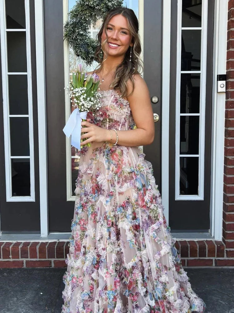 Blush Pink Floral Ruffle Strapless Evening Dresses