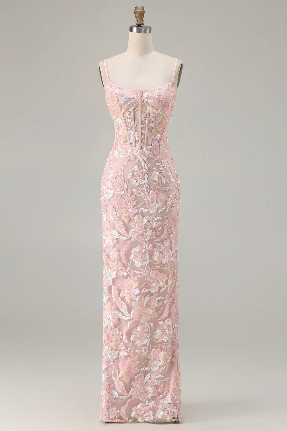 Blush Pink Floral Sequin Embroidered Corset Maxi Evening Dresses
