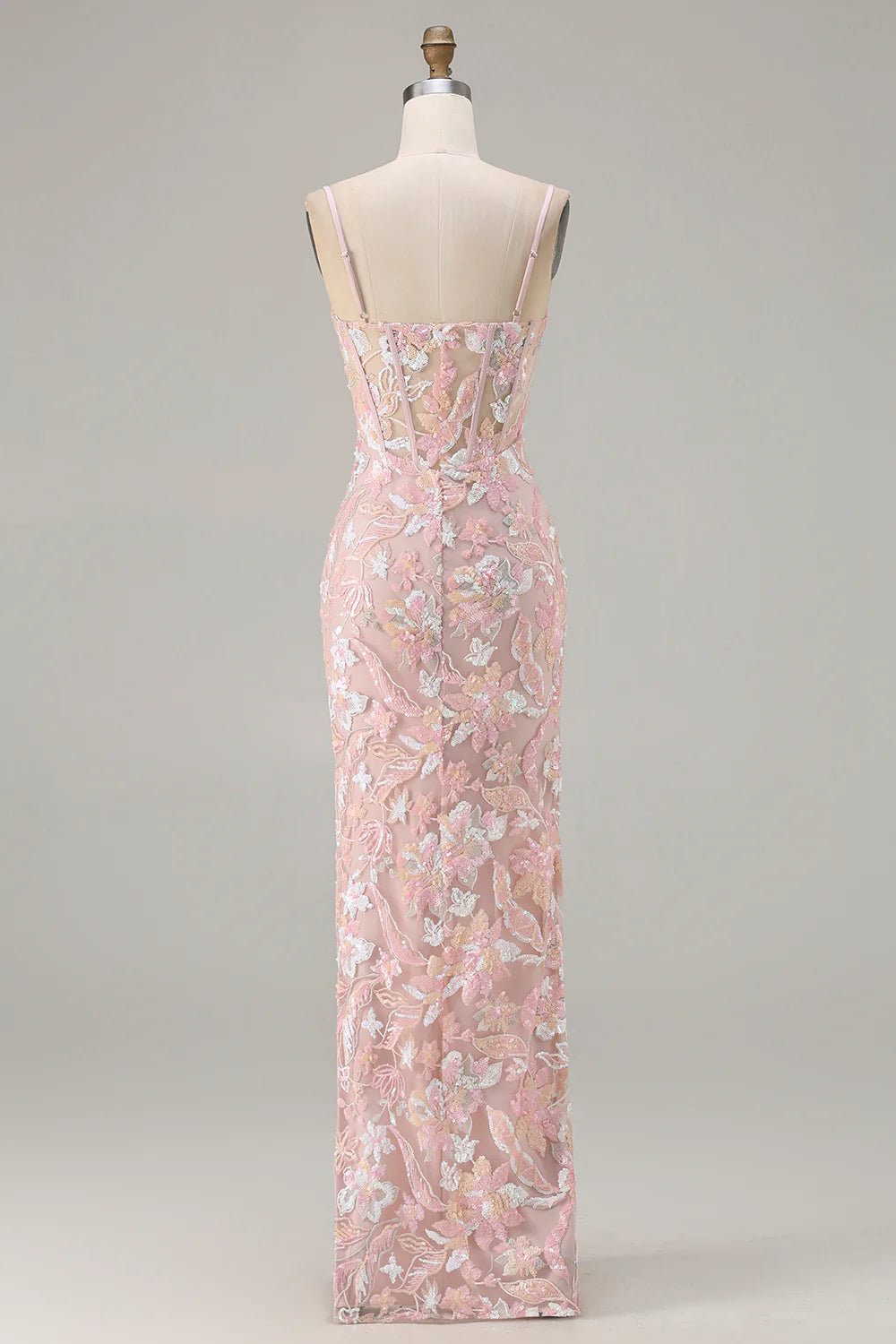 Blush Pink Floral Sequin Embroidered Corset Maxi Evening Dresses