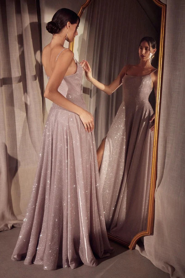 Blush Pink Glitter Spaghetti Strap A-Line Evening Dresses