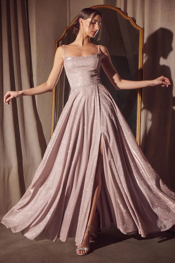 Blush Pink Glitter Spaghetti Strap A-Line Evening Dresses