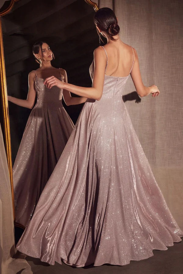 Blush Pink Glitter Spaghetti Strap A-Line Evening Dresses