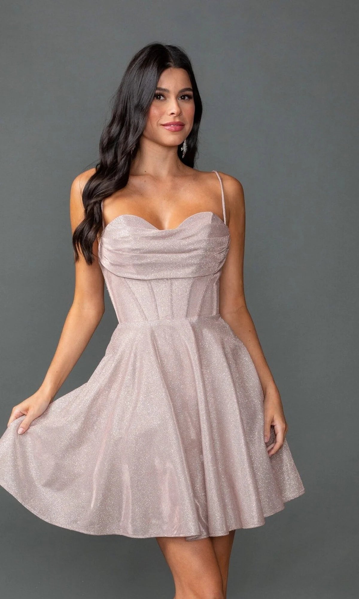 Blush Pink Glitter Spaghetti Strap Corset A Line Mini Evening Dresses