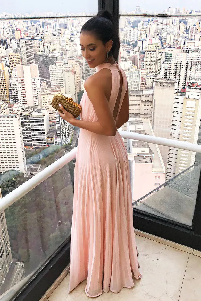 Blush Pink Halter Chiffon Prom Dress with Keyhole Neckline and Open Back