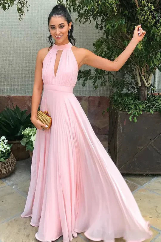 Blush Pink Halter Chiffon Prom Dress with Keyhole Neckline and Open Back