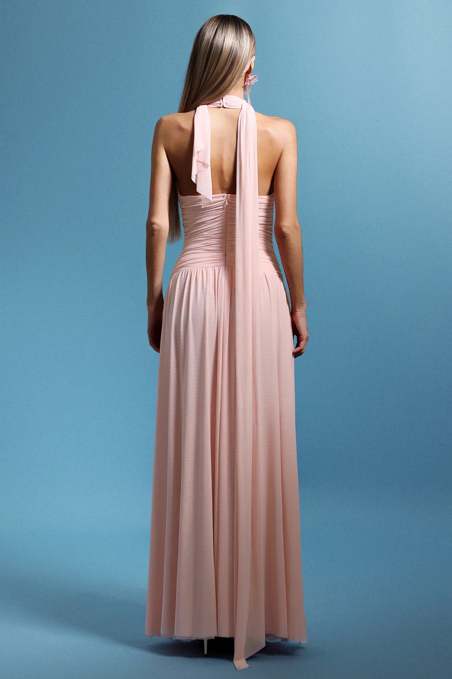 Blush Pink Halter Neck 3D Flower Applique Cutout Waist Maxi Evening Dresses