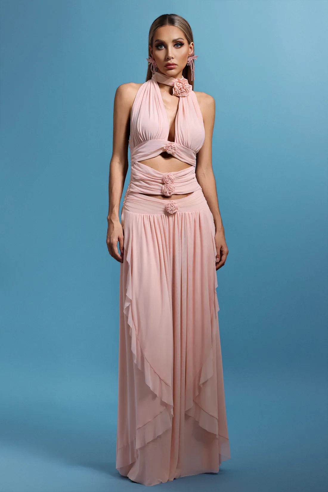 Blush Pink Halter Neck 3D Flower Applique Cutout Waist Maxi Evening Dresses