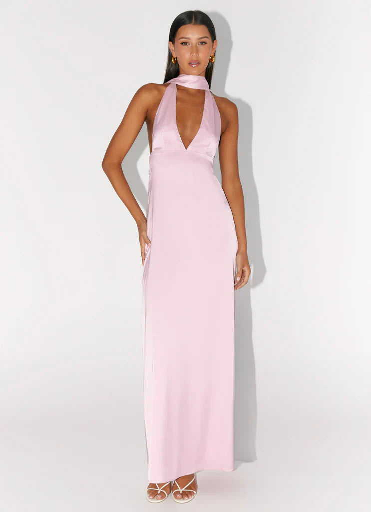 Blush Pink Halter Neck Deep V Backless Satin Maxi Prom Dress For Elegant Formal Evening Events