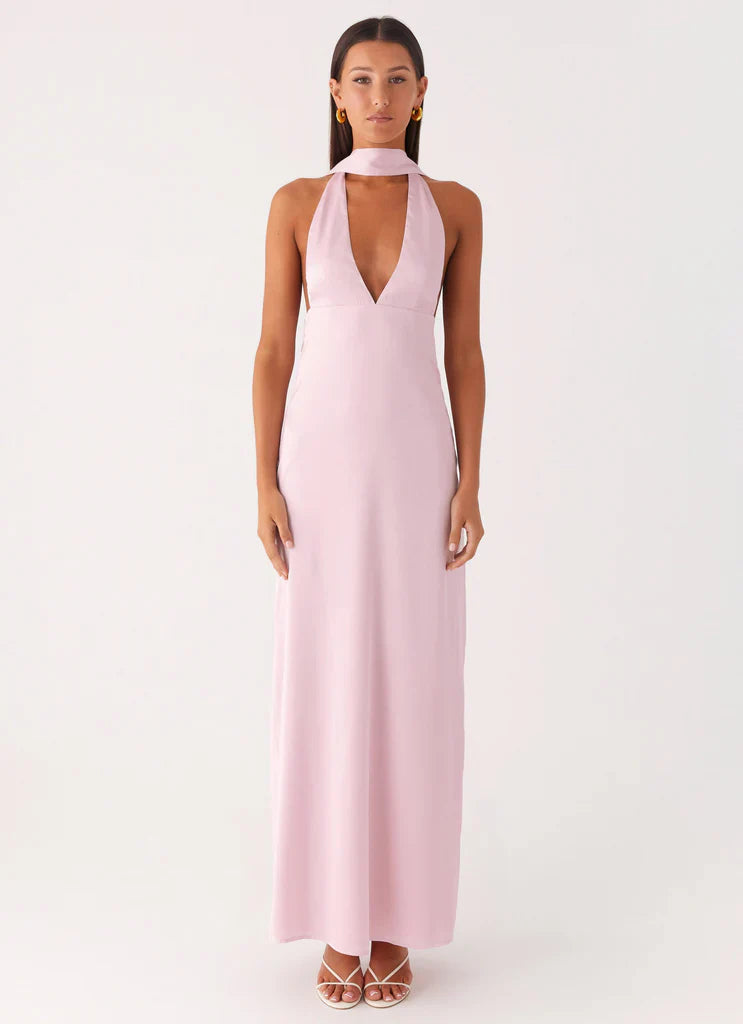 Blush Pink Halter Neck Deep V Backless Satin Maxi Prom Dress For Elegant Formal Evening Events