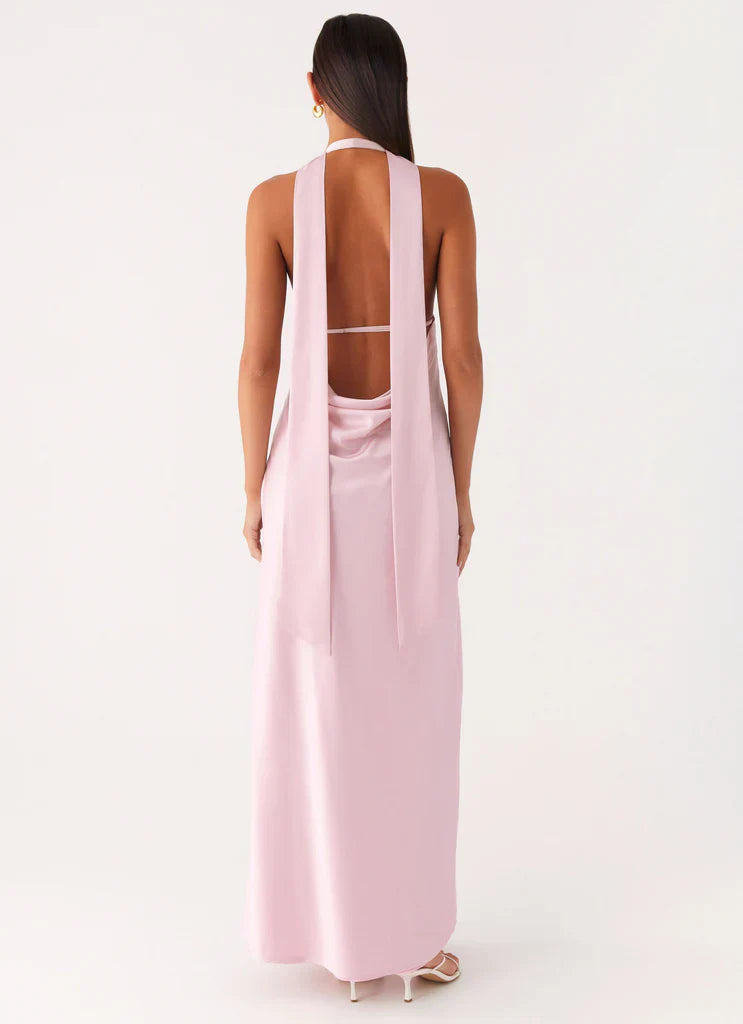 Blush Pink Halter Neck Deep V Backless Satin Maxi Prom Dress For Elegant Formal Evening Events