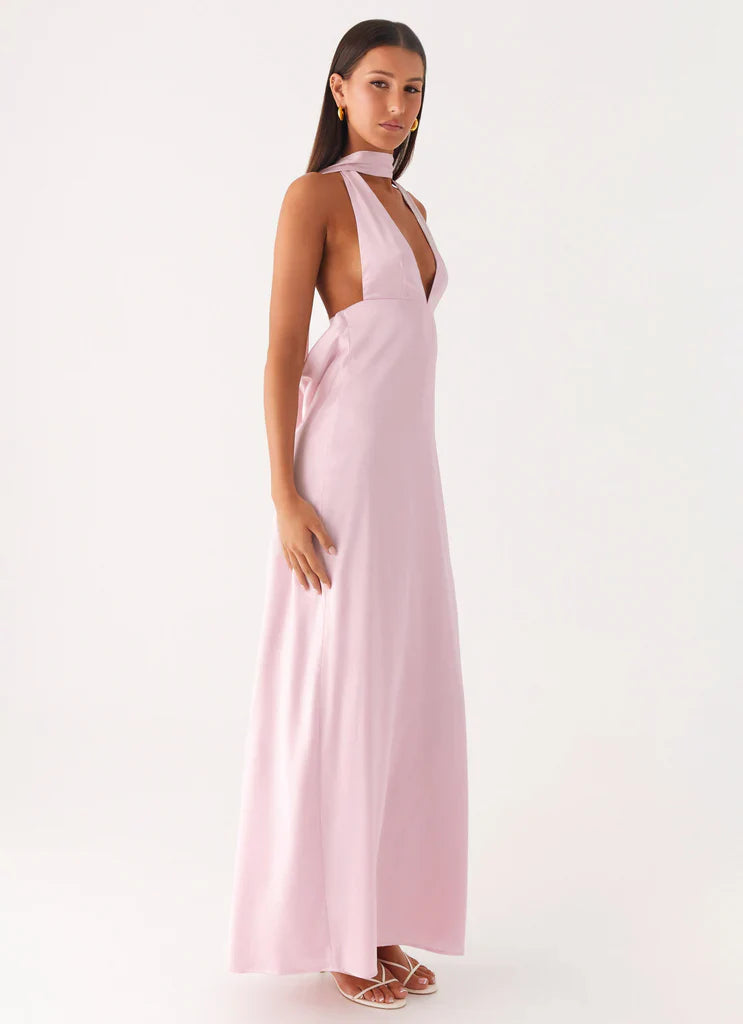 Blush Pink Halter Neck Deep V Backless Satin Maxi Prom Dress For Elegant Formal Evening Events
