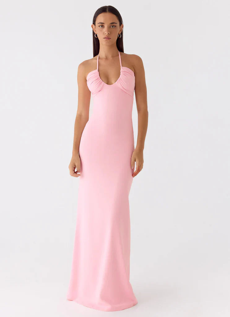 Blush Pink Halter Neck Ruched Open Back Maxi Prom Dress for Formal Weddings and Events