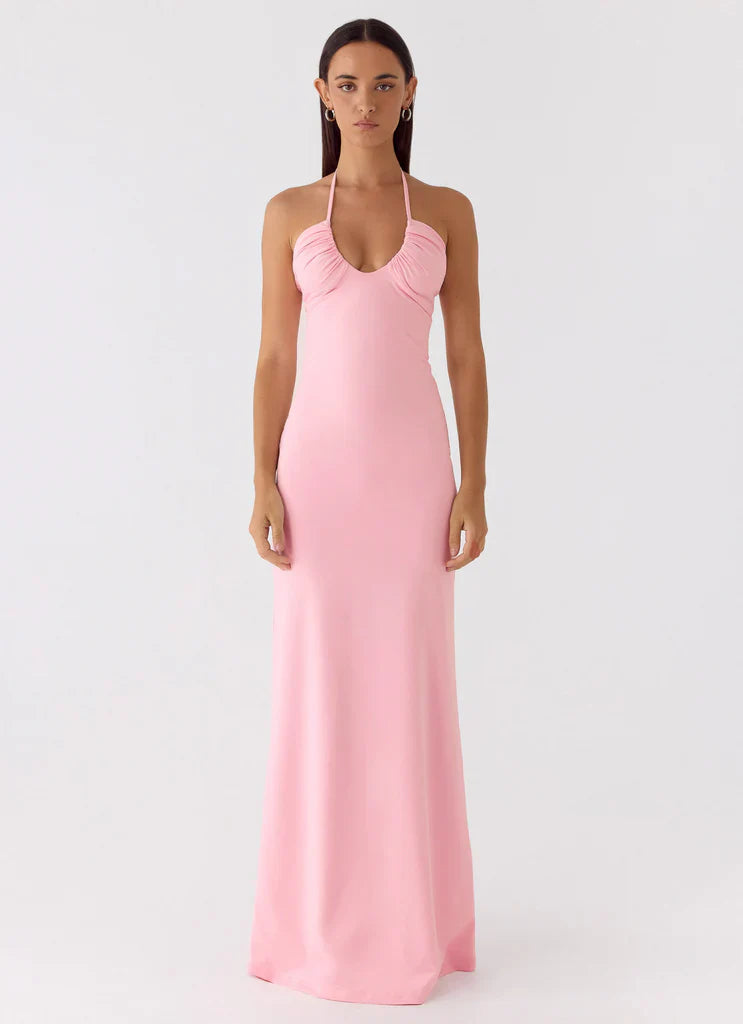 Blush Pink Halter Neck Ruched Open Back Maxi Prom Dress for Formal Weddings and Events