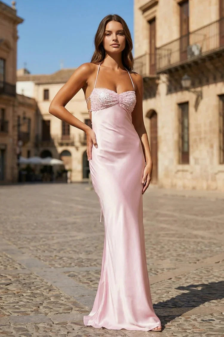 Blush Pink Halter Satin Maxi Dress with  Lace-Up Back Prom Dress