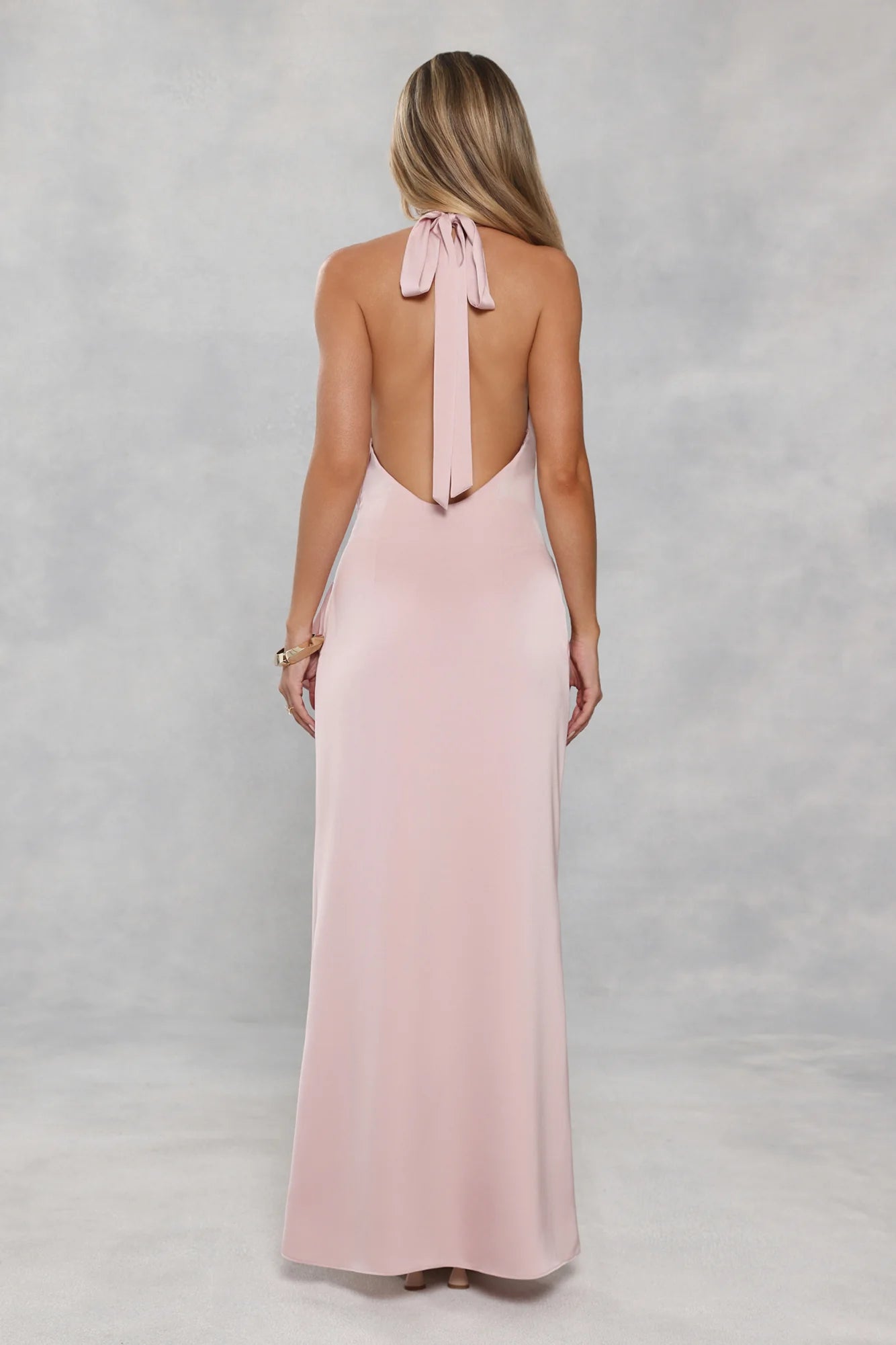 Blush Pink Halter Satin Ruffle Slit Evening Dresses