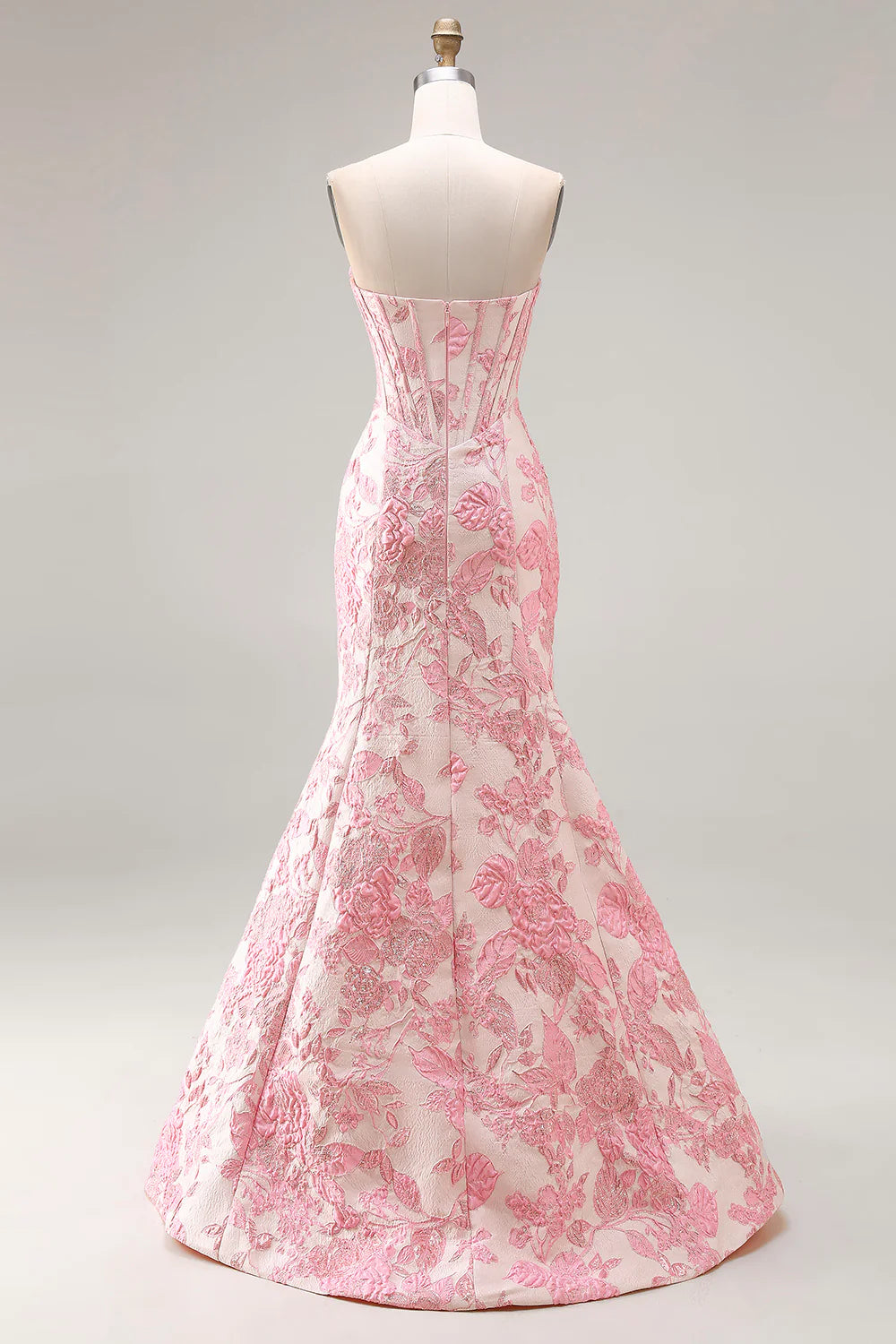 Blush Pink Jacquard Floral Strapless Corset High Slit Mermaid Evening Dresses
