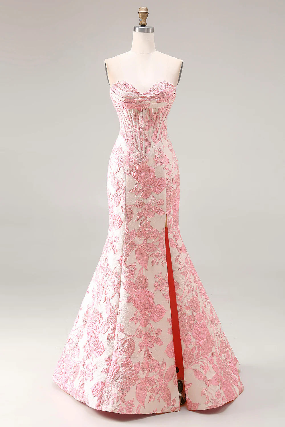 Blush Pink Jacquard Floral Strapless Corset High Slit Mermaid Evening Dresses