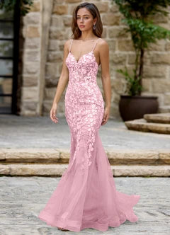 Blush Pink Lace Applique Mermaid Tulle Evening Dresses