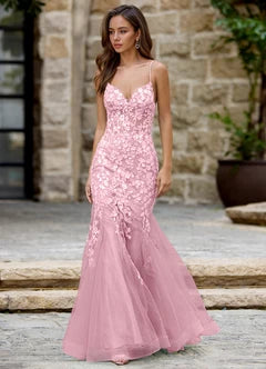 Blush Pink Lace Applique Mermaid Tulle Evening Dresses