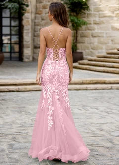 Blush Pink Lace Applique Mermaid Tulle Evening Dresses
