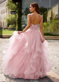 Blush Pink Lace Applique Ruffle Tulle Ball Gown Prom Evening Dresses