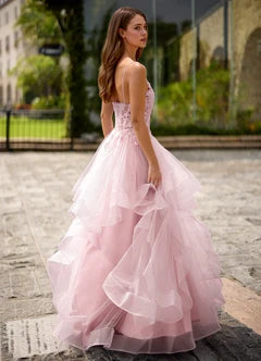 Blush Pink Lace Applique Ruffle Tulle Ball Gown Prom Evening Dresses