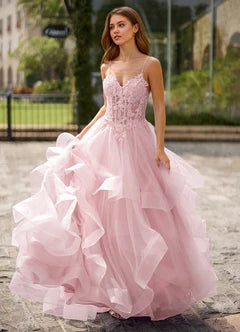 Blush Pink Lace Applique Ruffle Tulle Ball Gown Prom Evening Dresses