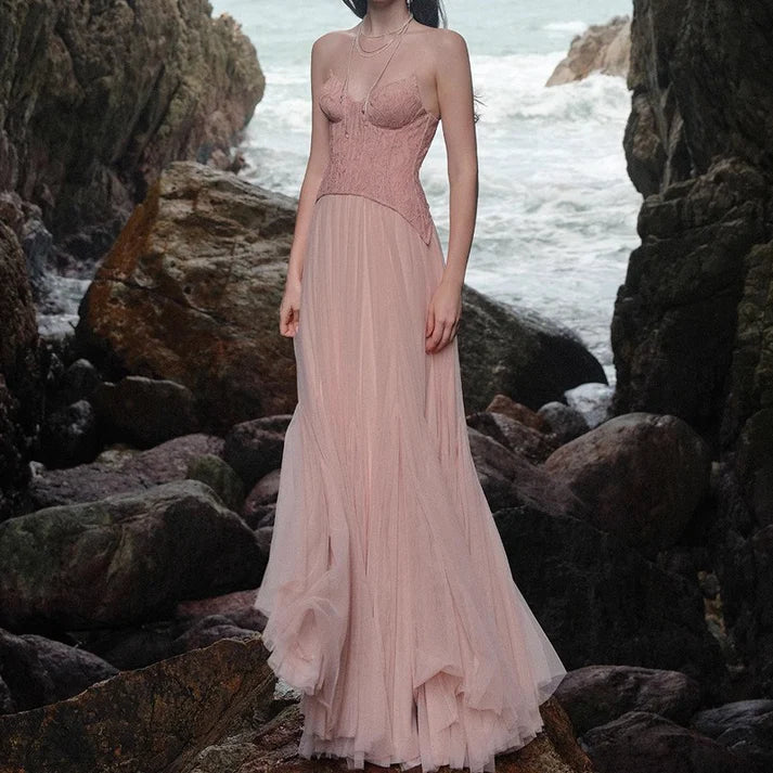 Blush Pink Lace Corset Halter Neck Ruffled Tulle Mermaid Maxi Evening Dresses
