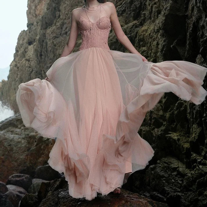 Blush Pink Lace Corset Halter Neck Ruffled Tulle Mermaid Maxi Evening Dresses