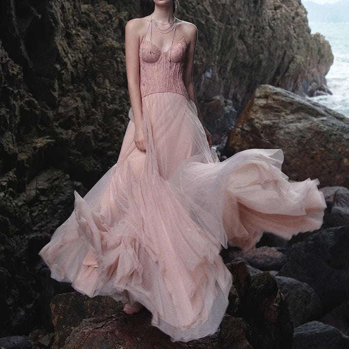 Blush Pink Lace Corset Halter Neck Ruffled Tulle Mermaid Maxi Evening Dresses
