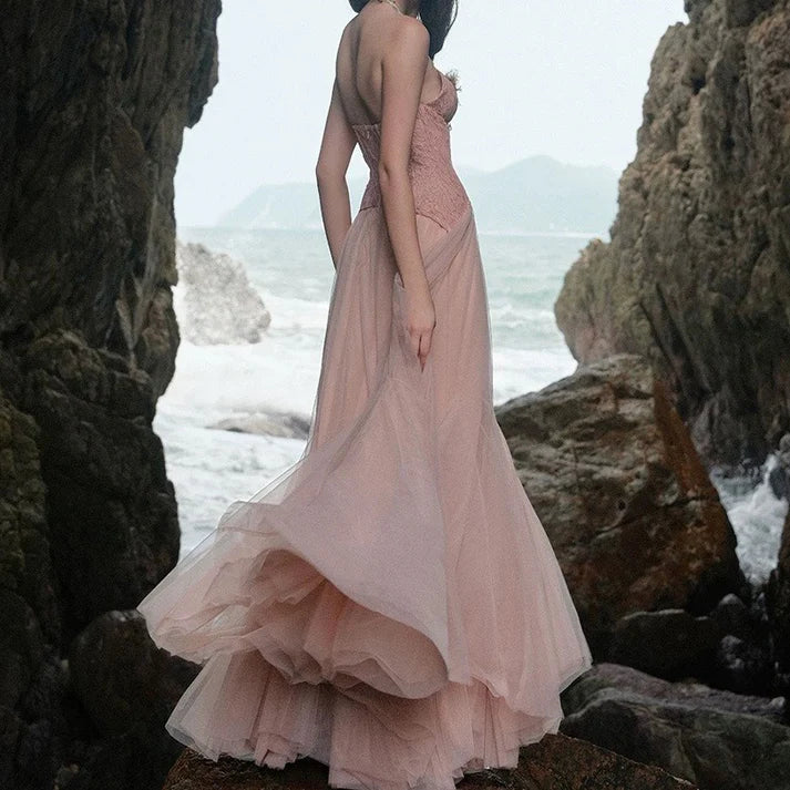 Blush Pink Lace Corset Halter Neck Ruffled Tulle Mermaid Maxi Evening Dresses